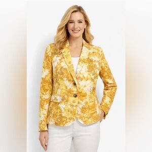Talbots 12P Yellow Floral 100% Cotton Blazer Jacket 2 Button Petite Preppy VGUC